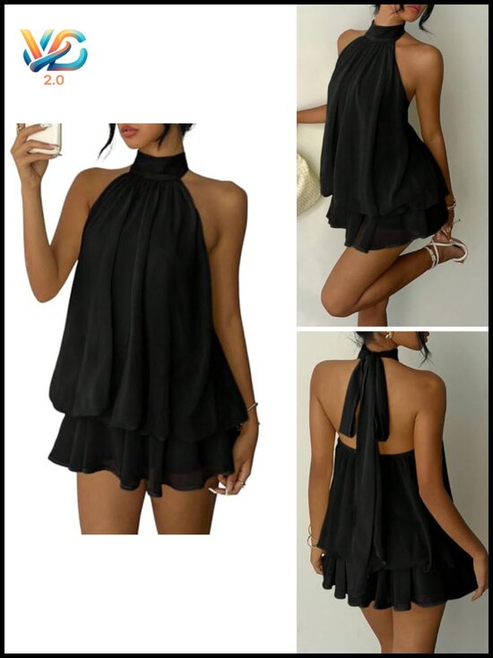 Dresses & Skirts - Sleeveless Halter Neck Backless Ruffle Flowy Mini Chiffon Dress Summer Party
